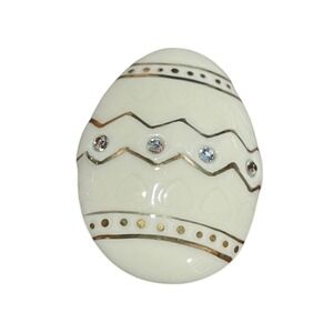 Lenox Easter Egg Pin Brooch Rhinestones Gold‎ Tone Waves Cream Porcelain